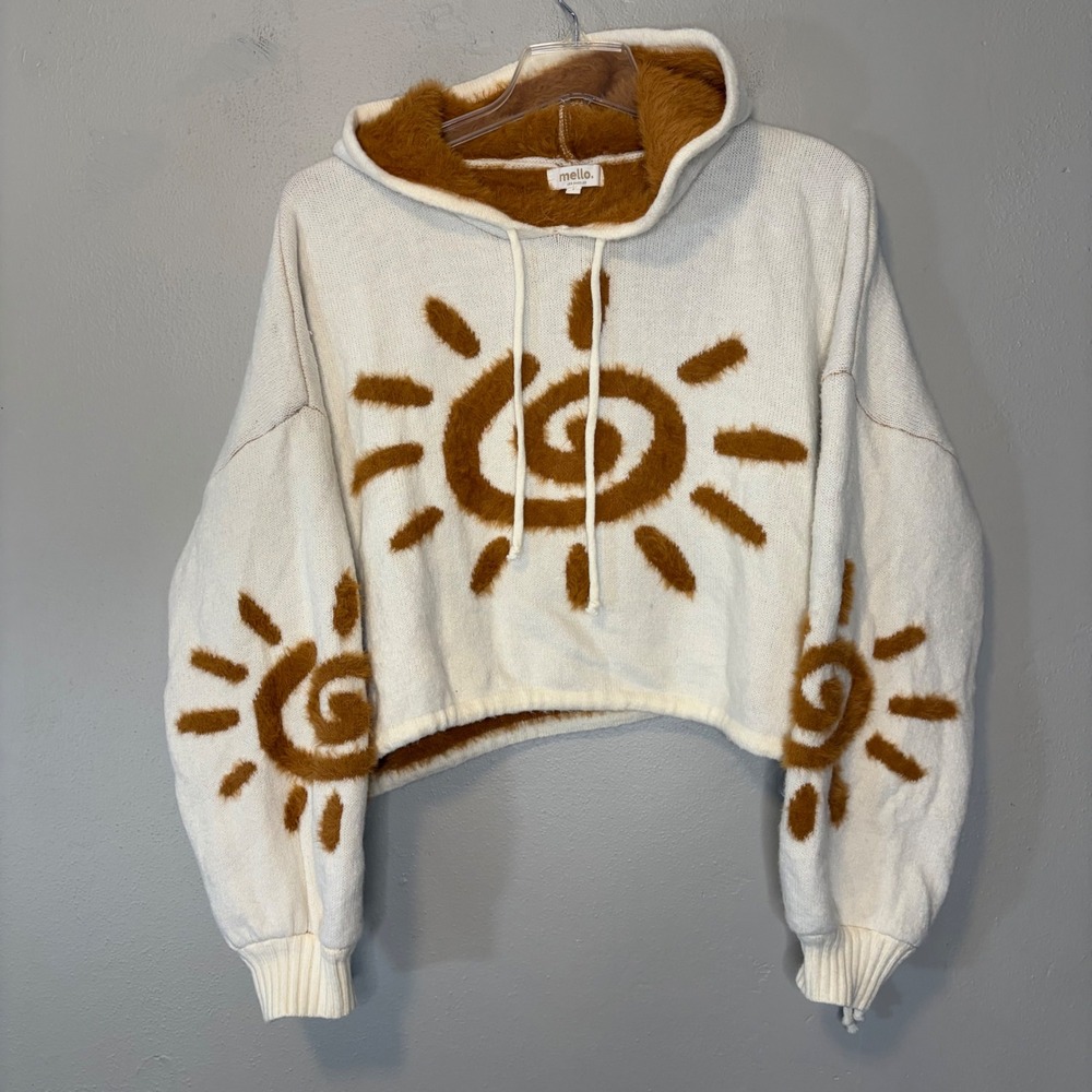 Mello Los Angeles Womens L Fuzzy Sunburst Cropped Knit Hoodie White Brown Boho